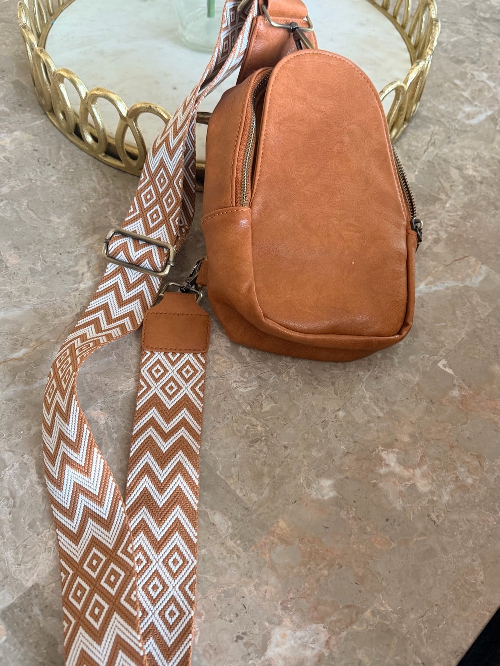 Tan Crossbody Sling Bag with Patterned Strap